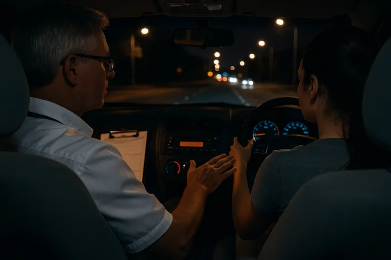 Learner driver taking a night driving lesson with an All Around Driving School instructor