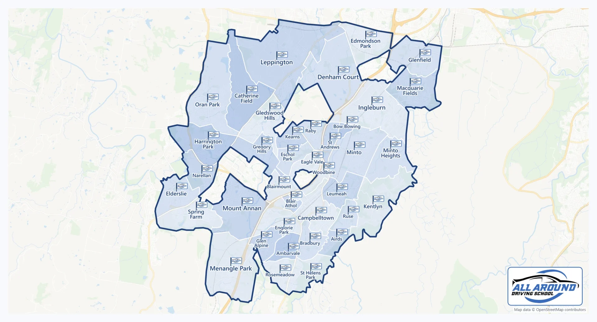 All Around Driving School service area map: 38 suburbs across Campbelltown, Camden and the Macarthur region