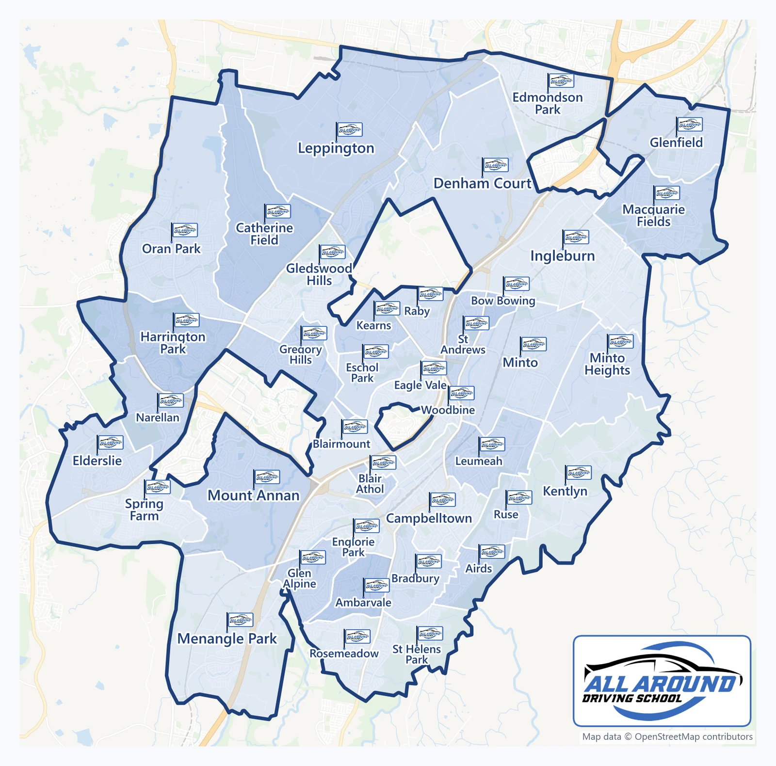 All Around Driving School service area map: 38 suburbs across Campbelltown, Camden and the Macarthur region